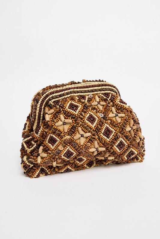 Isla Clutch in brown, front view.