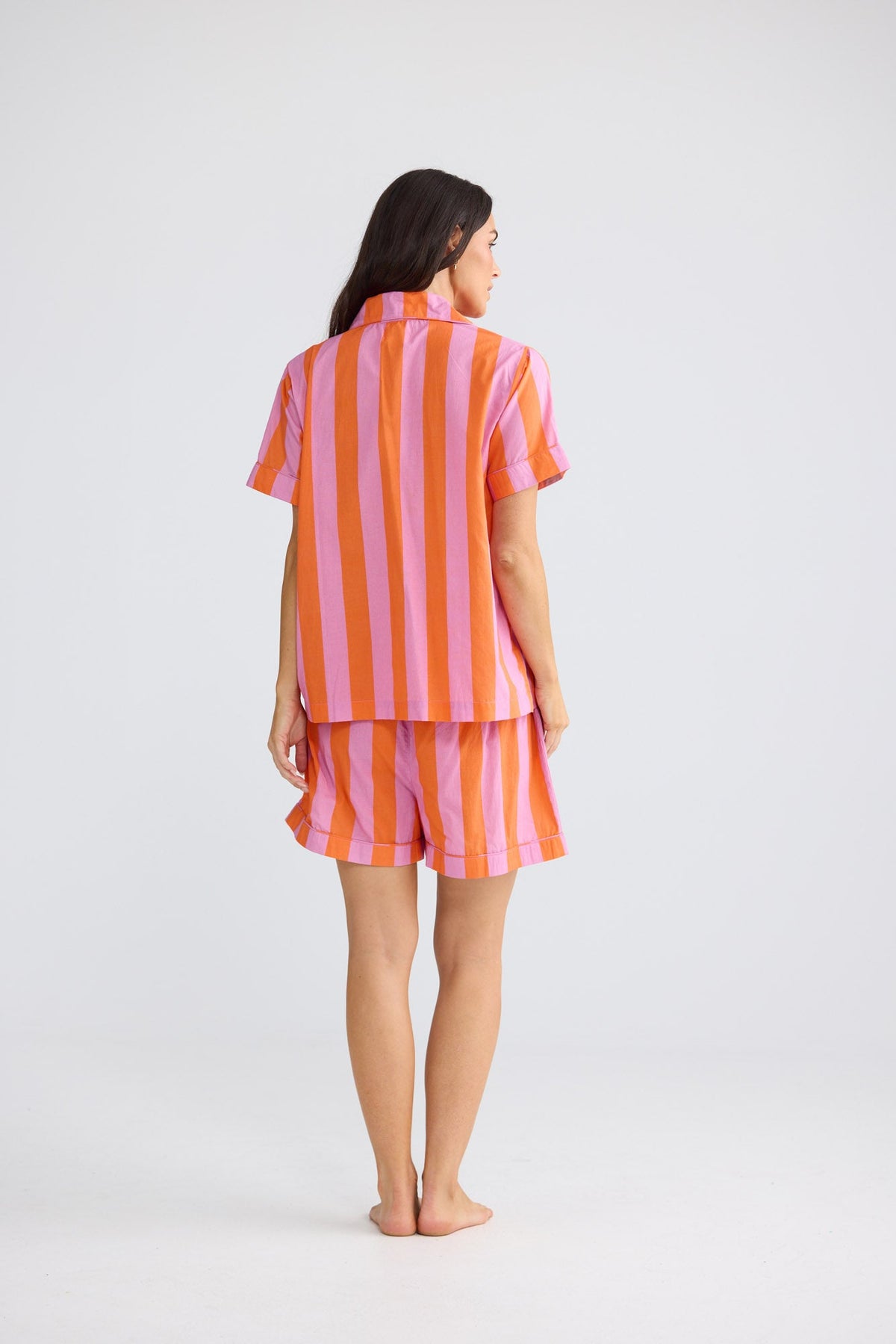 Namaste Pyjama Set in Lilac with Orange Stripe, featuring a button-through shirt.