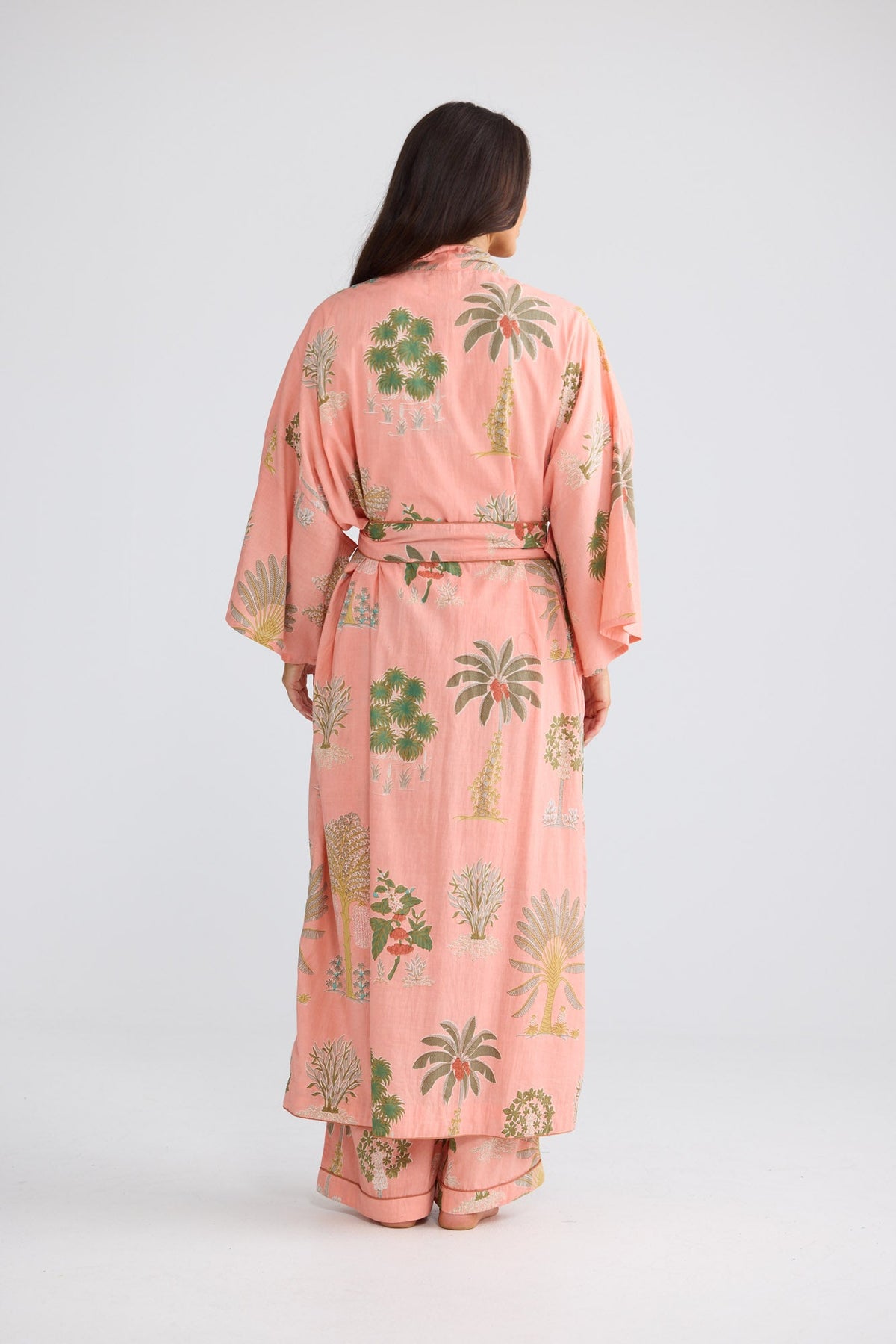 Namaste Robe in Baby Pink Palm with a classic kimono shape.
