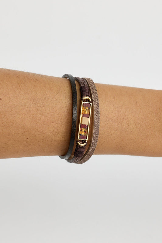 Bracelet on a wrist with a plain background