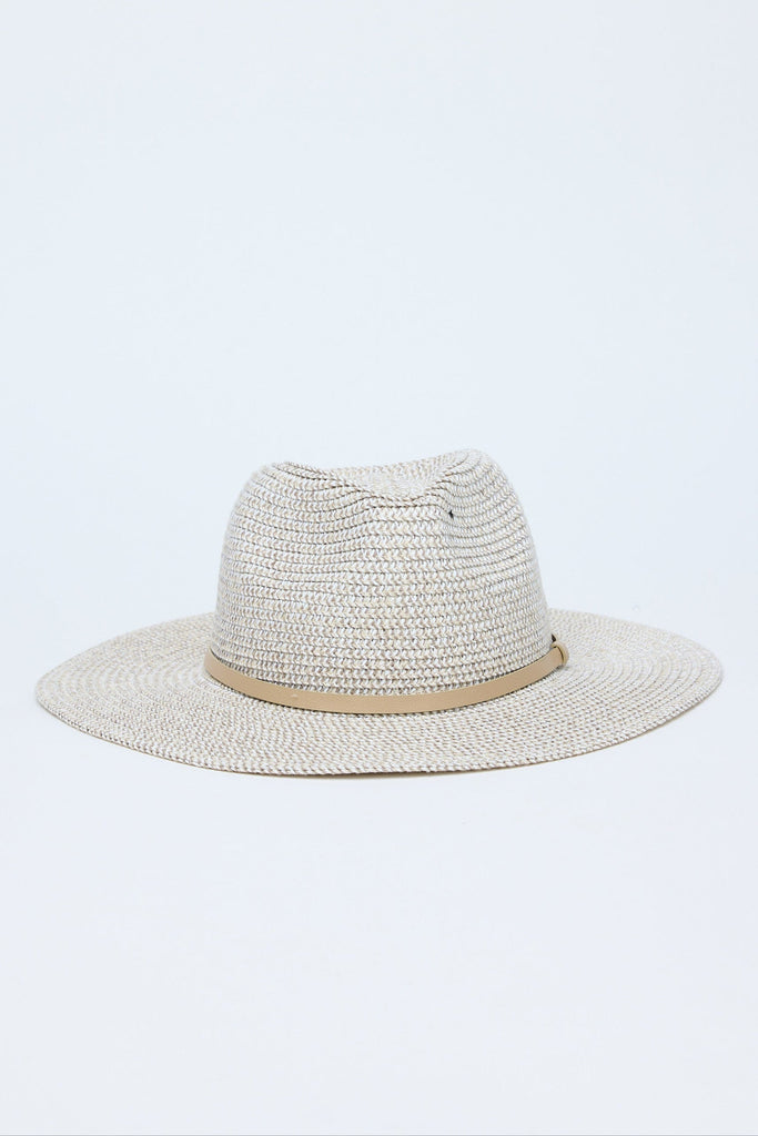 Grey straw hat with a brown band on a white background