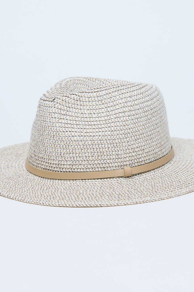Grey straw hat with a beige band on a light gray background