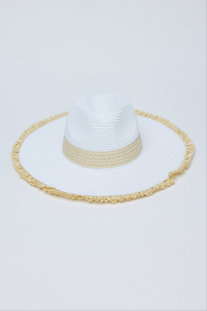 White sun hat with a natural band on a light gray background