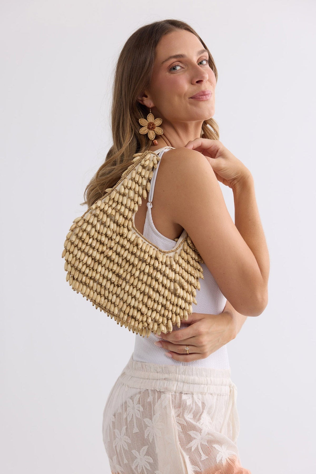 Rafiki Beaded Bag in beige, front view.
