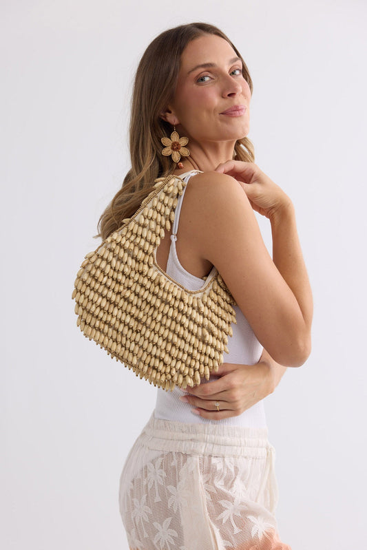 Rafiki Beaded Bag in beige, front view.