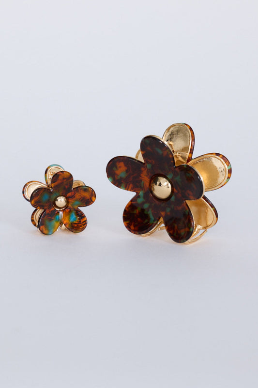 Flora Set Of 2 Hair Claw - Brown hair claw in brown with floral silhouette, front view on white background