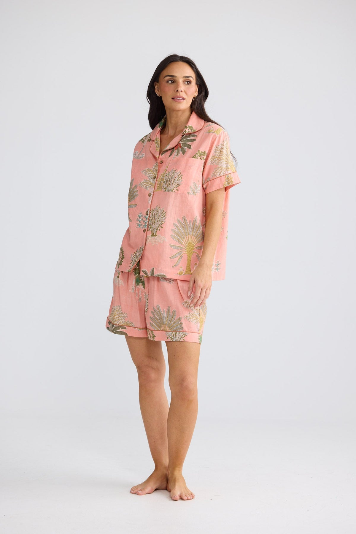 Namaste Pyjama Set in Baby Pink Palm with piping detail.