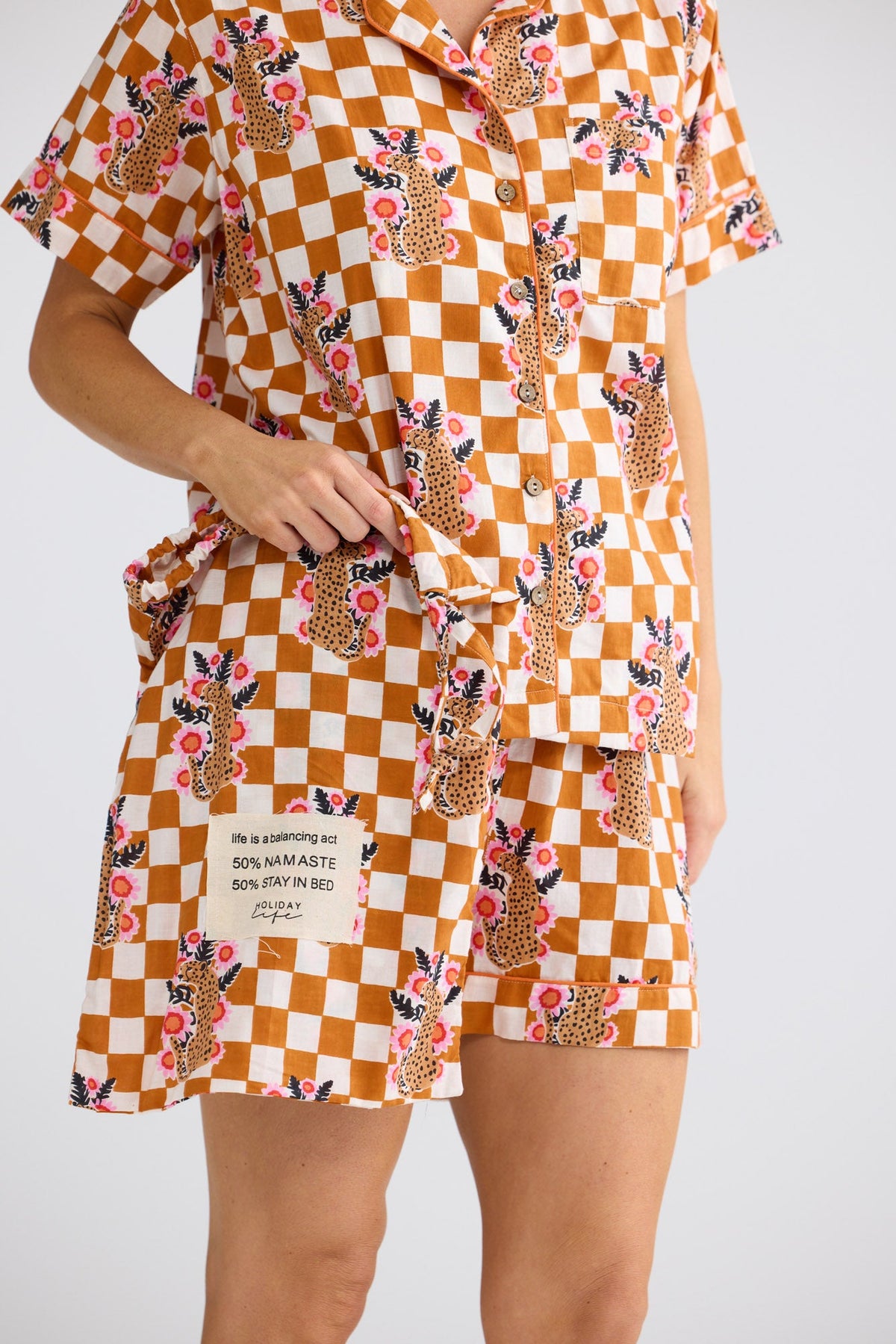 Namaste Pyjama Set in Tiger Check with a button-through shirt.