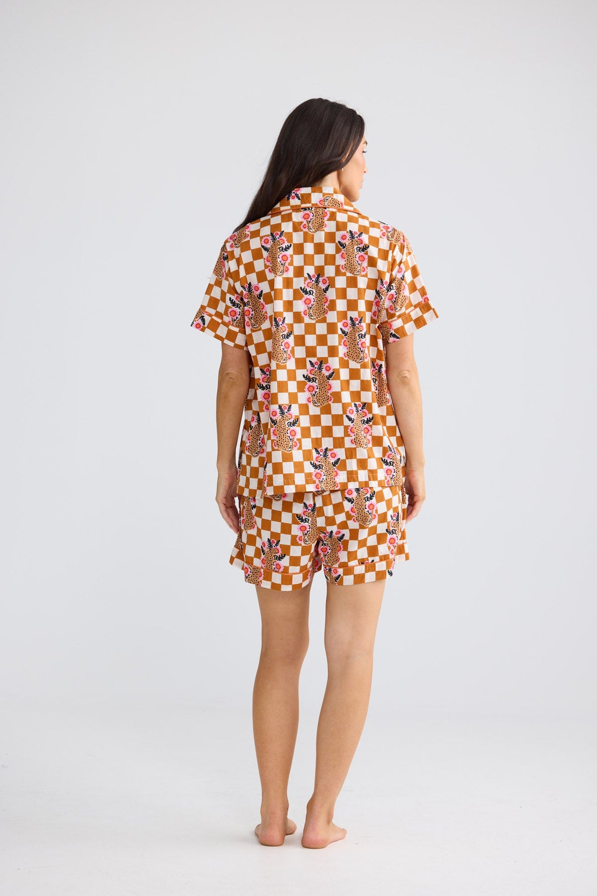 Namaste Pyjama Set in Tiger Check with piping detail.