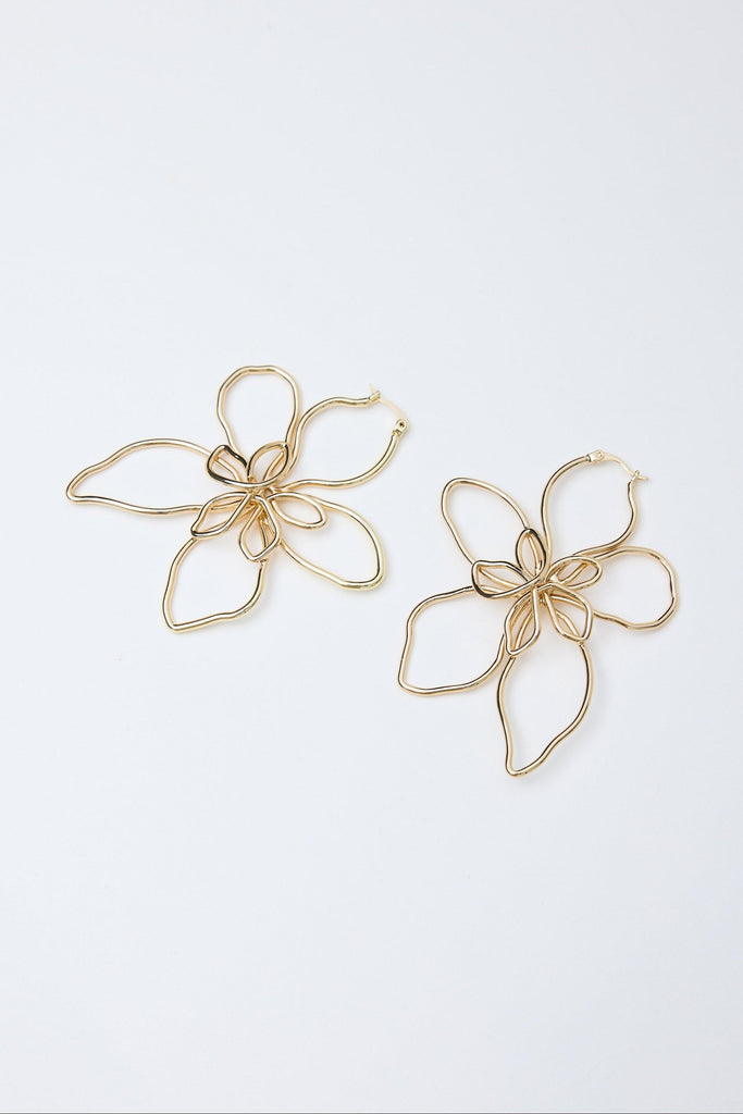Pair of gold flower-shaped earrings on a white background