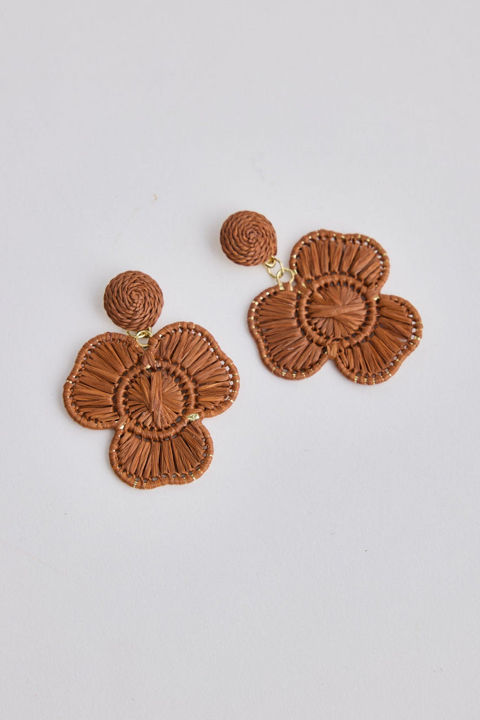 Pair of brown floral earrings on a light gray background