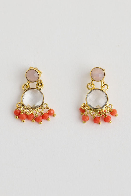 Pair of gold earrings with pink and orange beads on a light gray background