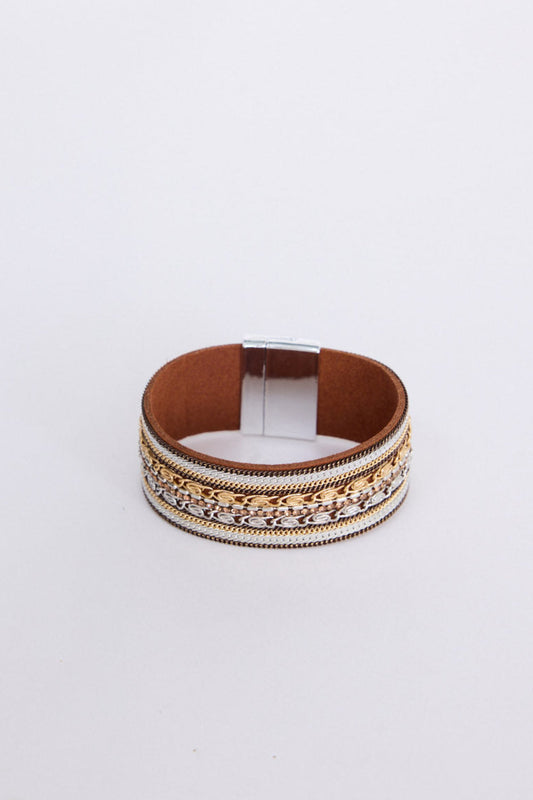 Ballina Bracelet in brown with layered textures and embellished detailing, angled view on white background