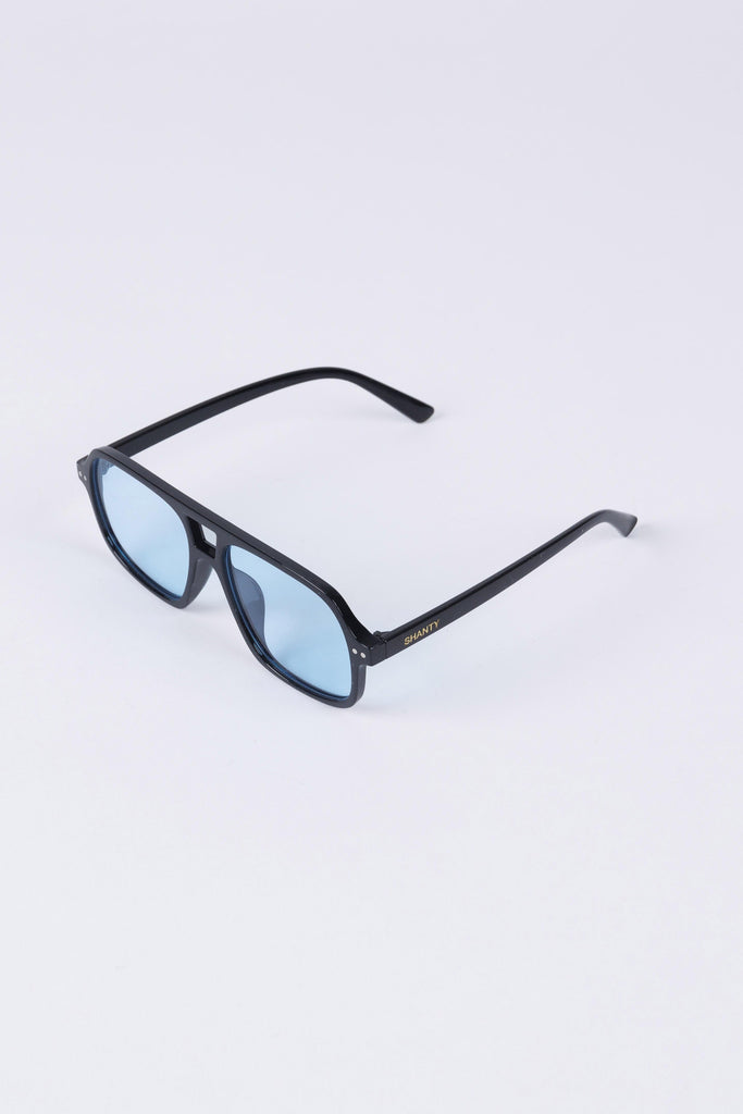Black sunglasses with blue lenses on a white background