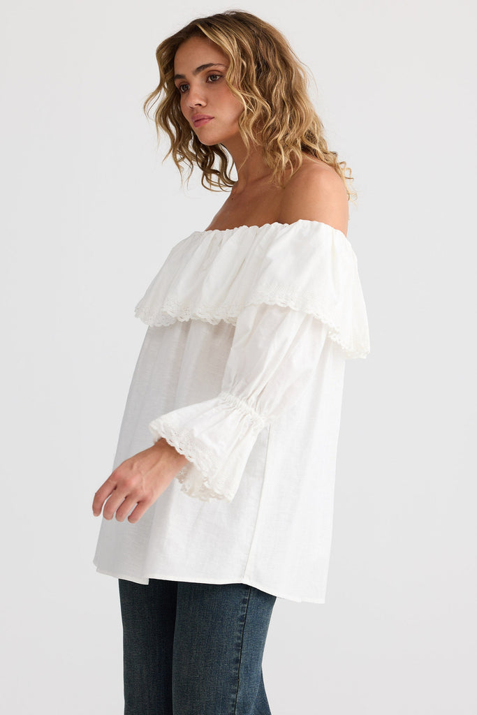 Woman wearing a white off-shoulder blouse with ruffled sleeves on a plain background