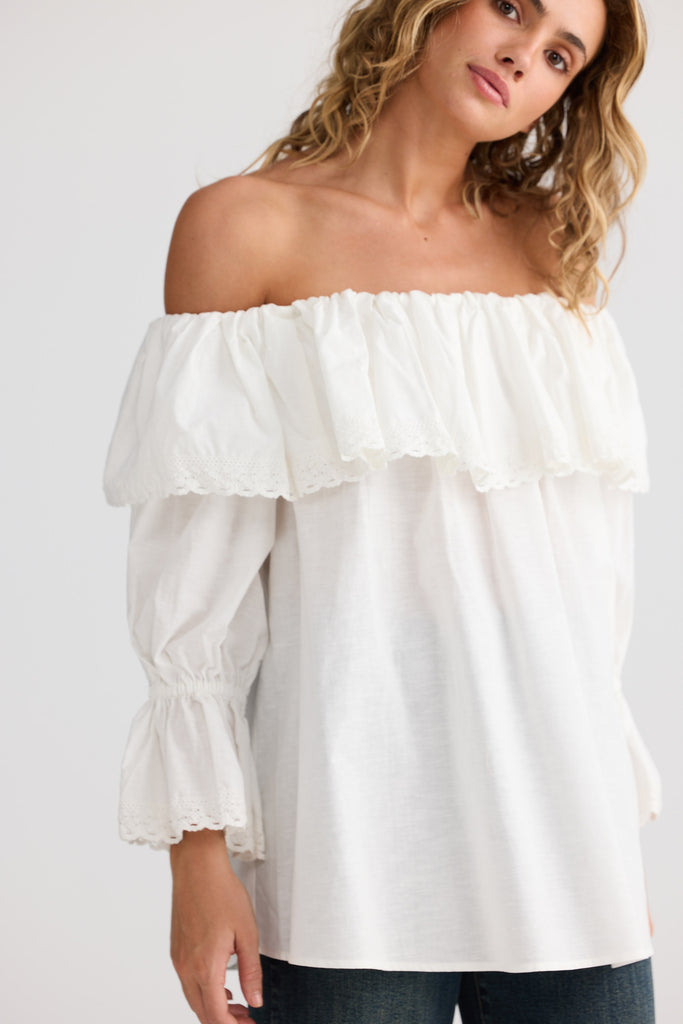 Woman wearing a white off-shoulder blouse with ruffled sleeves on a plain background