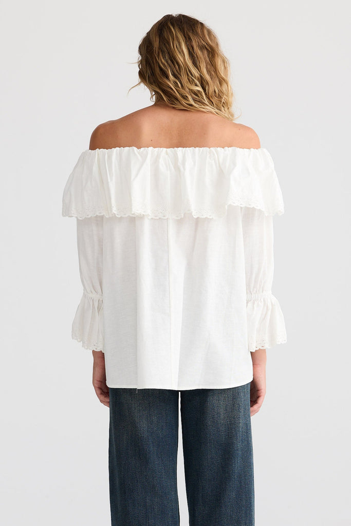 Person wearing a white off-shoulder top and blue jeans on a white background