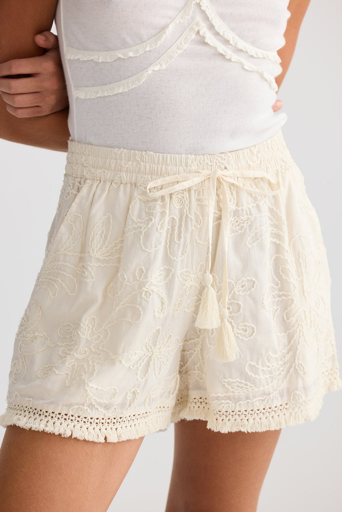 White lace shorts with a plain background