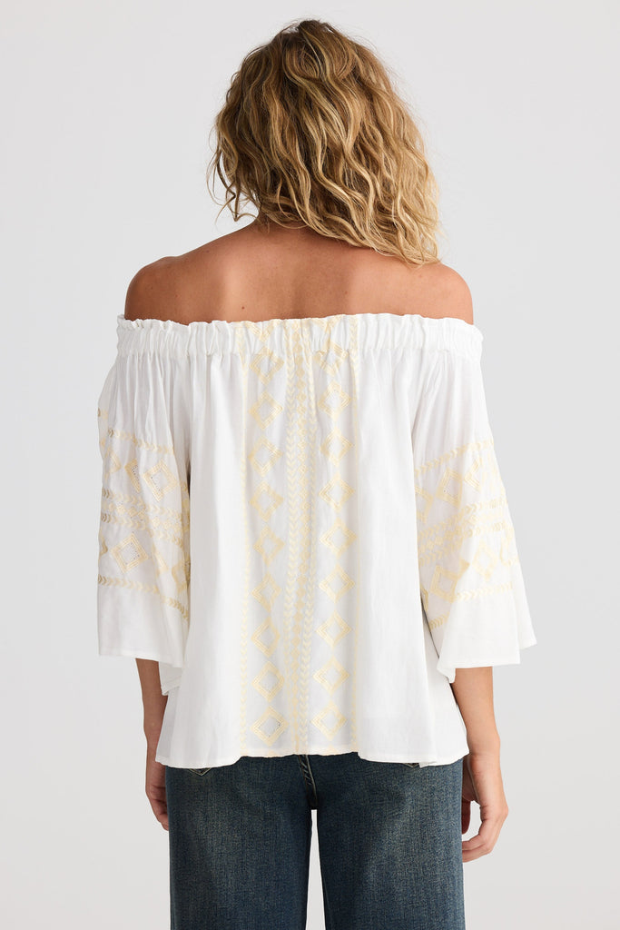 Woman wearing a white off-shoulder top with a subtle pattern on a plain background