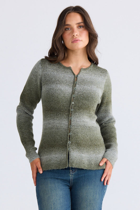 Model wearing Essence Knit Top in moss ombre with ombre knit design and long sleeves, front view on white background