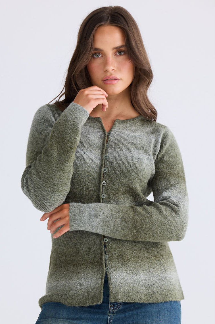 Close-up of Essence Knit Top in moss ombre showing ombre knit design and long sleeves, detail view on white background