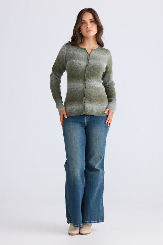 Model wearing Essence Knit Top in moss ombre with ombre knit design and long sleeves, back view on white background