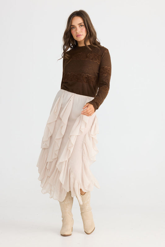 Close-up of Rafael Skirt in almond showing elasticated waist, detail view on white background