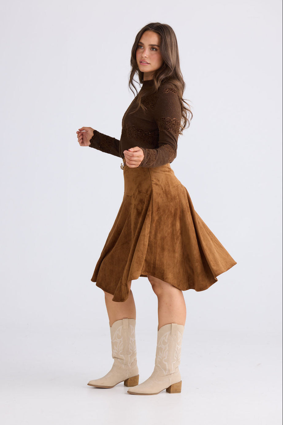 Close-up of Runa Skirt in chocolate showing natural waist fit, detail view on white background