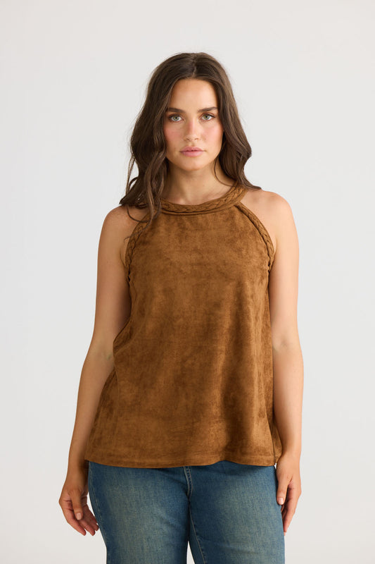 Close-up of Verae Top in chocolate showing halter neckline and A-line silhouette, detail view on white background