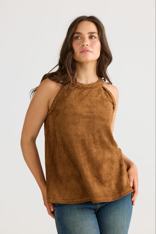 Model wearing Verae Top in chocolate with halter neckline and A-line silhouette, back view on white background