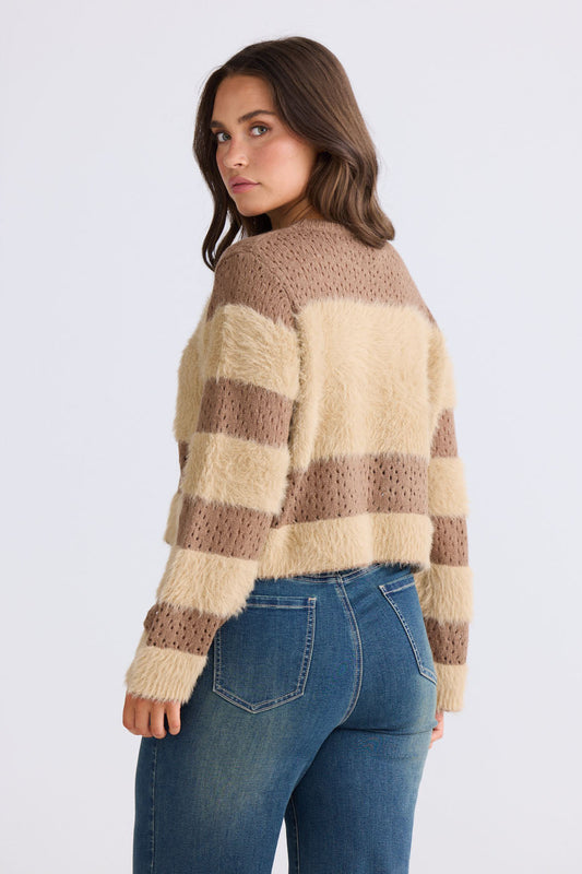 Close-up of Kyoko Knit in mocha and taupe showing ribbed neckline and long sleeves, detail view on white background