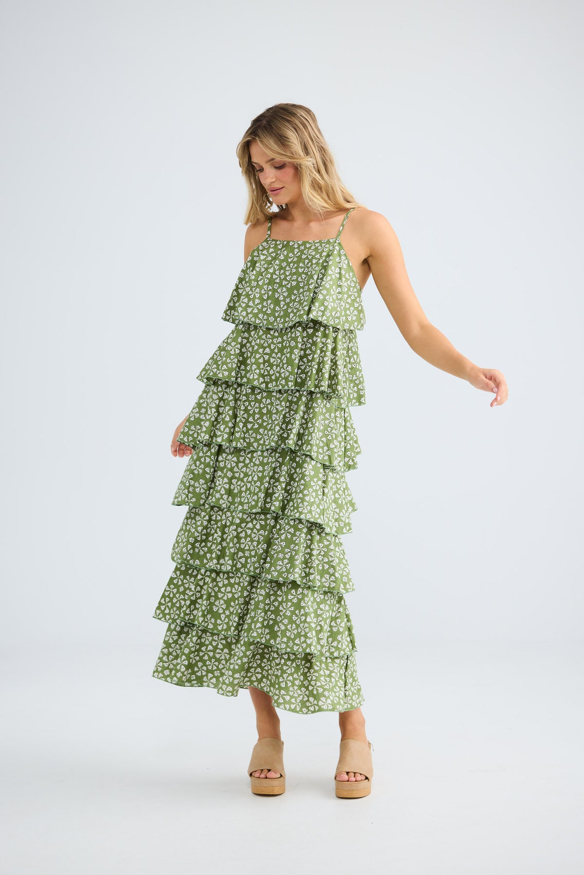 Rue Maxi Dress in sage petal with adjustable straps.