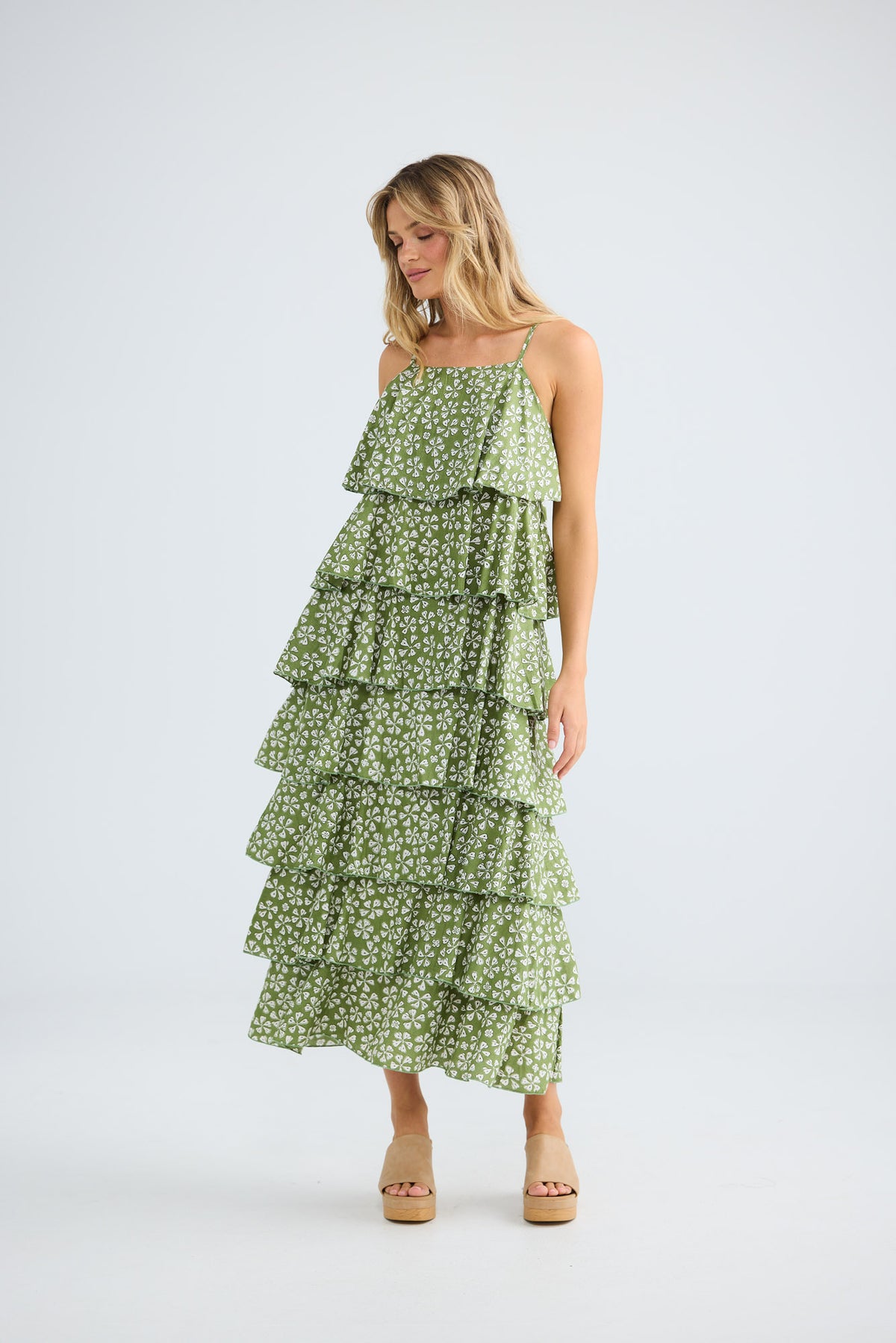 Rue Maxi Dress in sage petal with tiered ruffles.