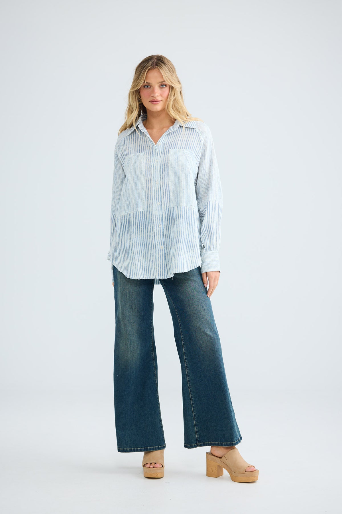 Bodhi Shirt in blue stripe with a classic shirt collar.