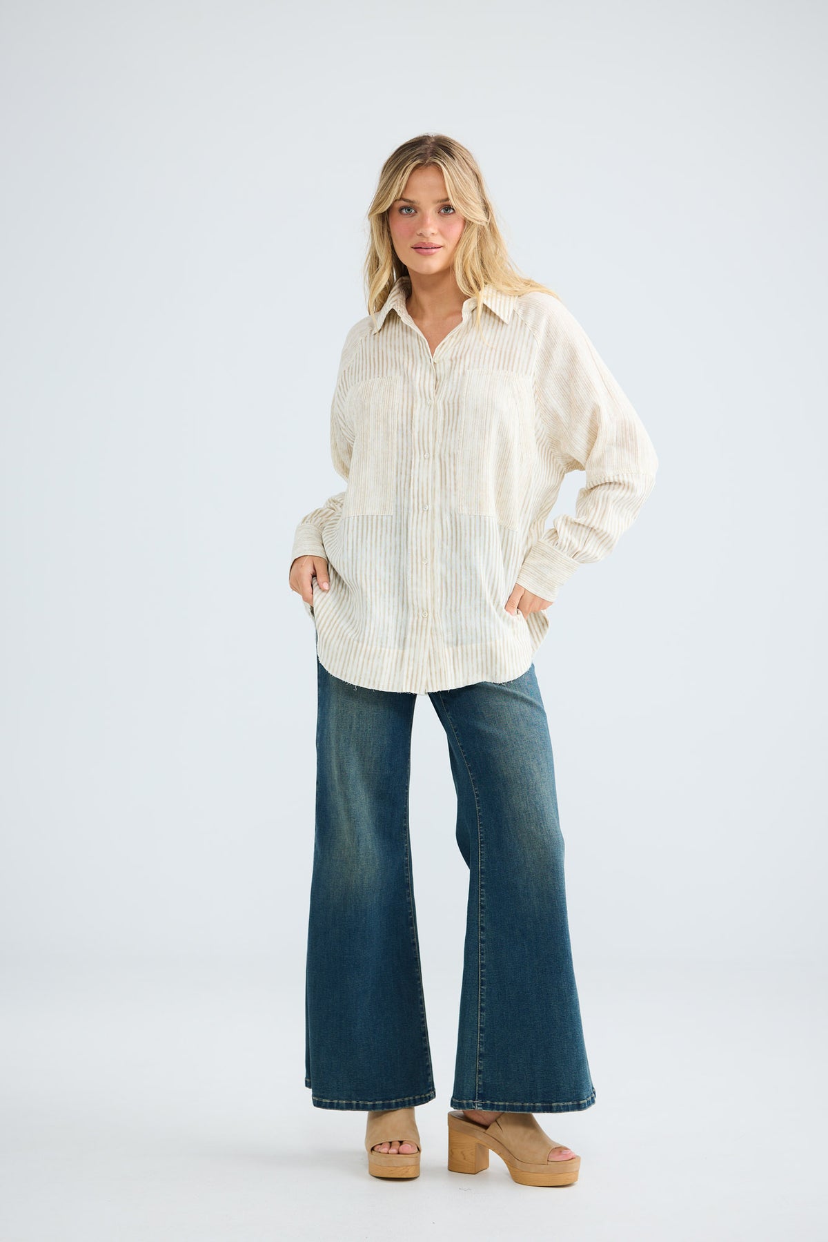 Bodhi Shirt in natural stripe, full-length front view with relaxed oversized fit.