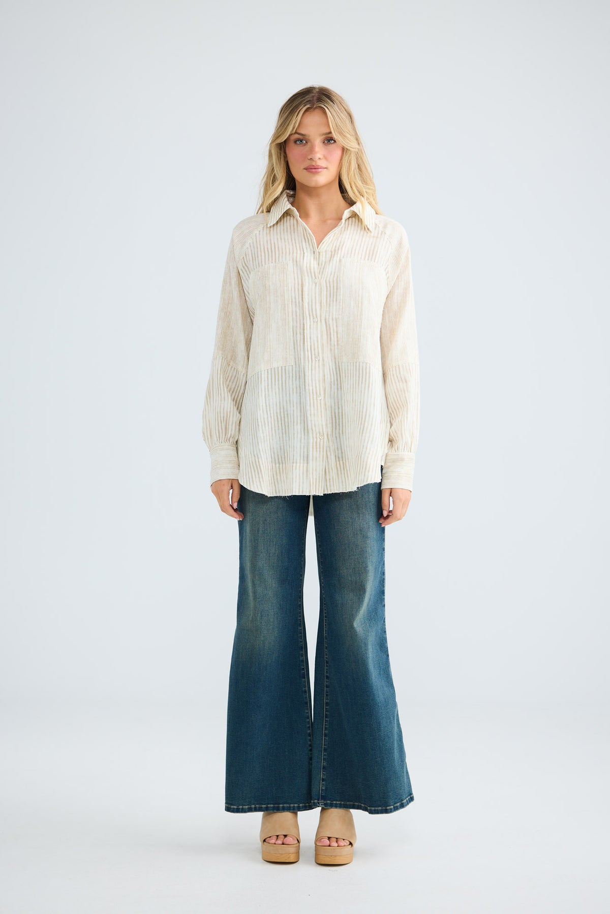 Bodhi Shirt in natural stripe, full-length front view worn loose.