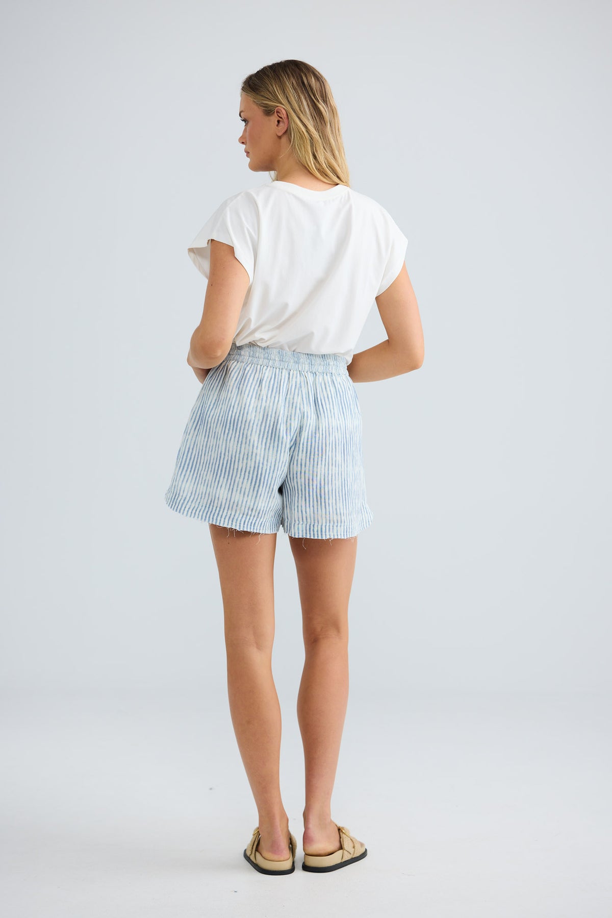 Bodhi Short in blue stripe with front patch pockets.