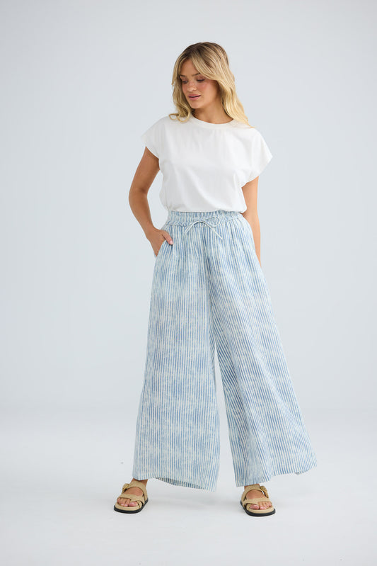 Freedom Pant in blue stripe, front view showing the full wide leg.