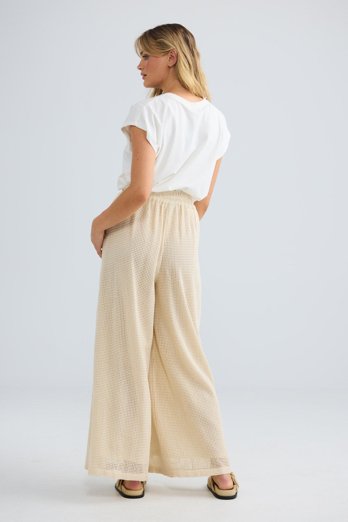 Freedom Pant in natural with a drawstring tie waist.