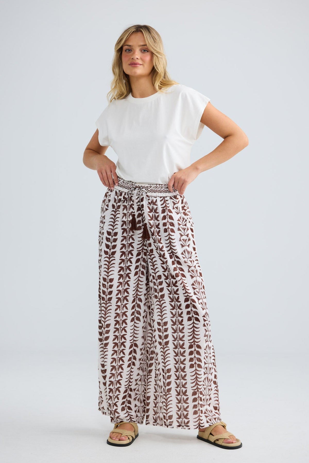 Freedom Pant in chocolate paro with a drawstring tie waist.