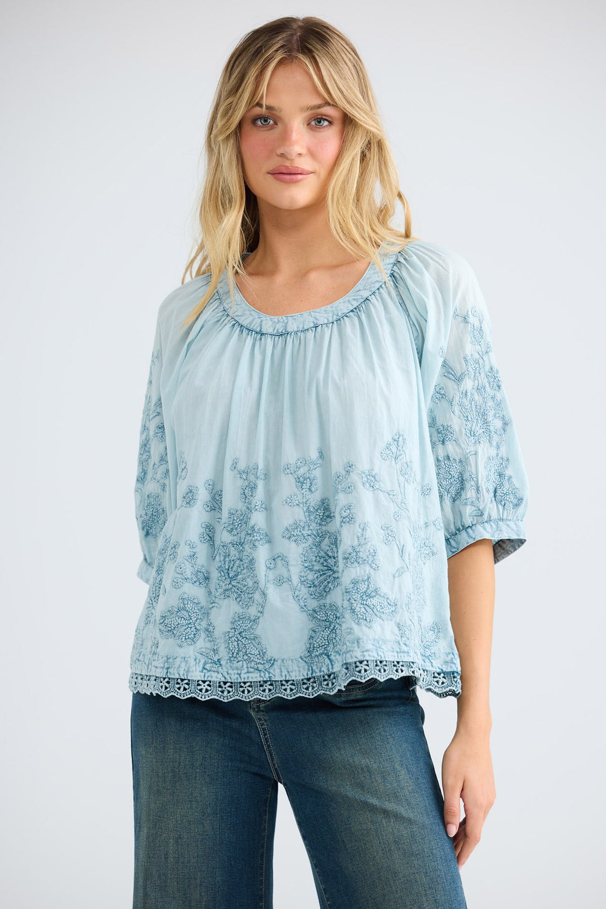 Thistle Top in powder blue — additional view.