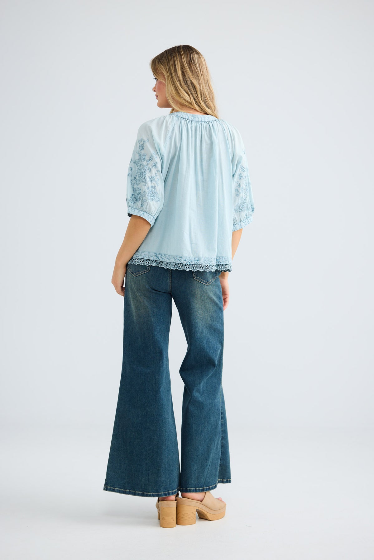 Thistle Top in powder blue with embroidery and lace detail.
