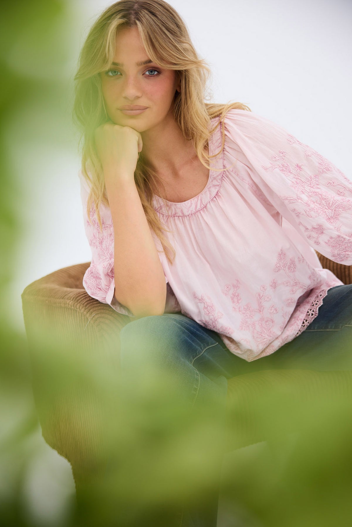 Thistle Top in soft pink with embroidery and lace detail.