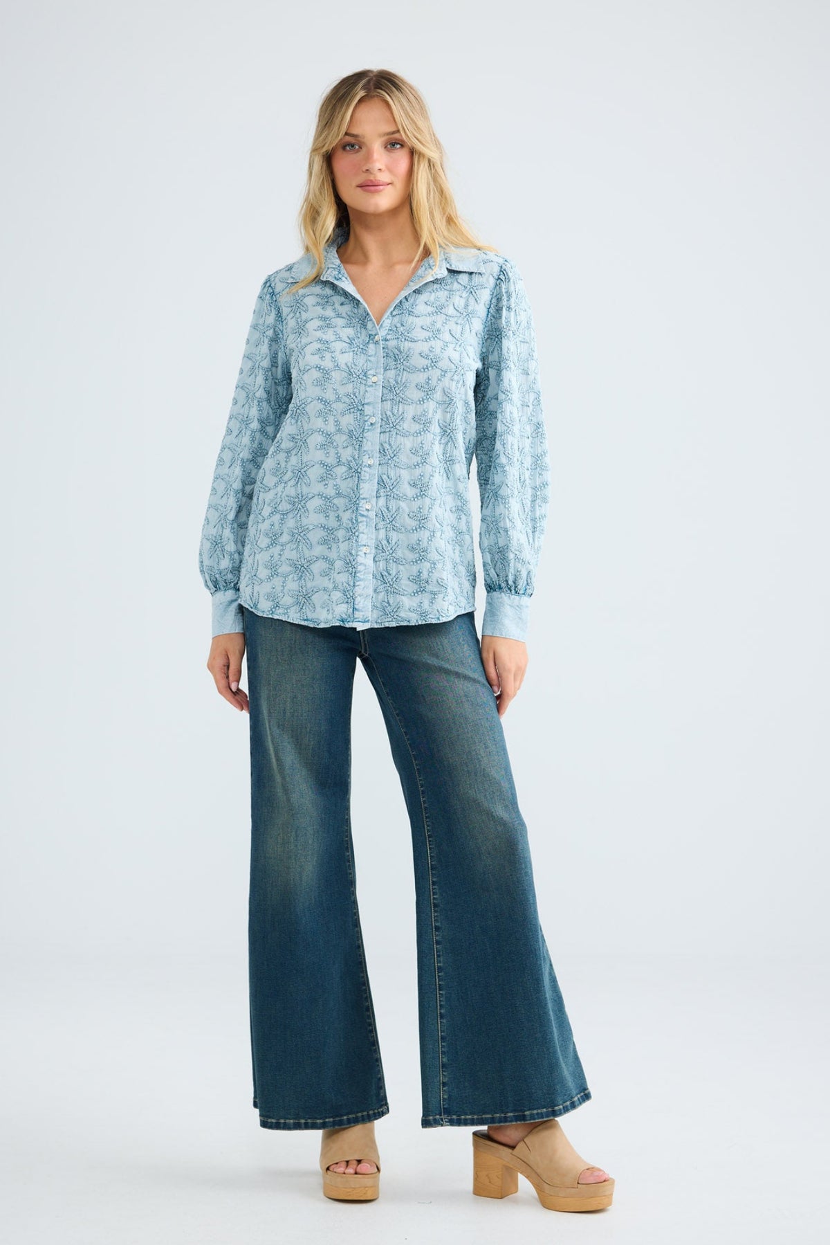Flower Child Shirt in powder blue embroidery, full-length front view.