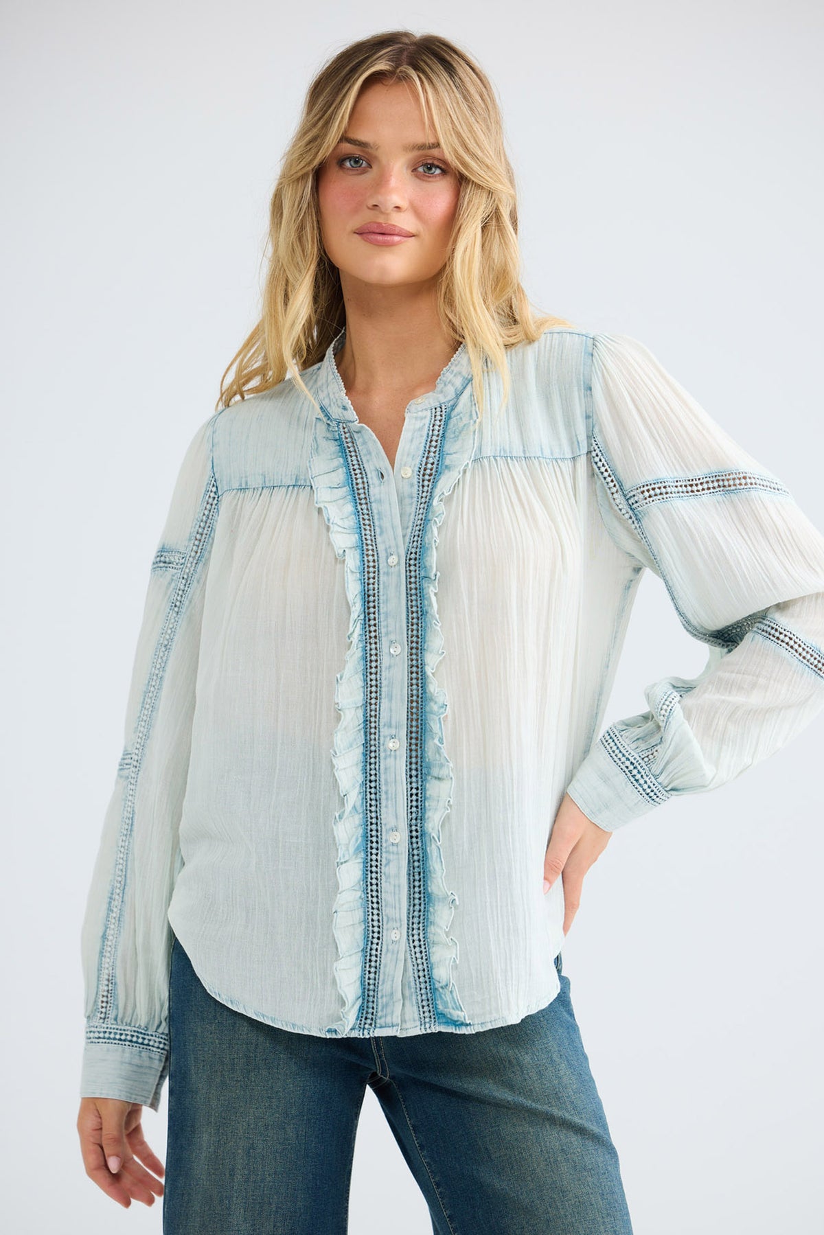 Amira Shirt in powder blue, close front view showing the band collar and lace inserts.
