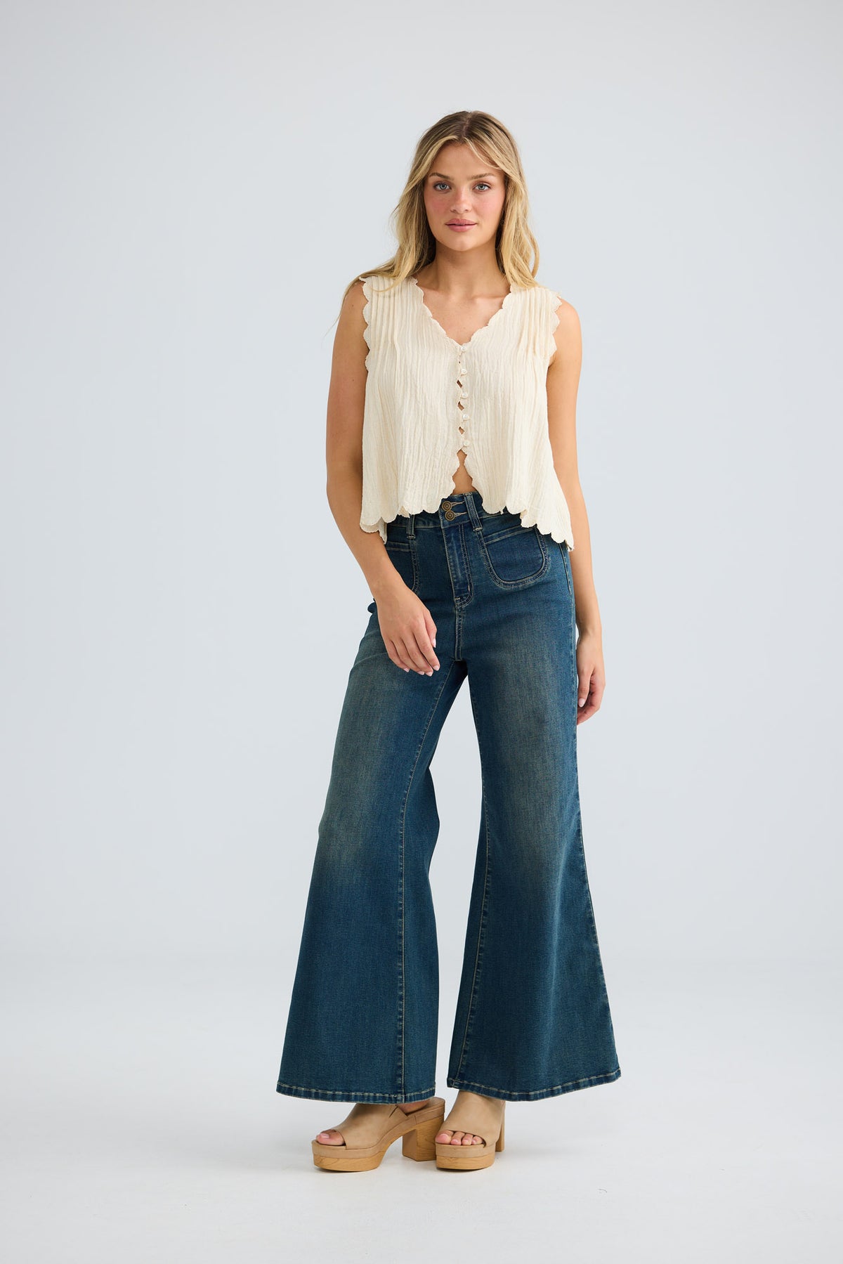 Narra Top in natural, full-length front view styled with wide-leg denim.
