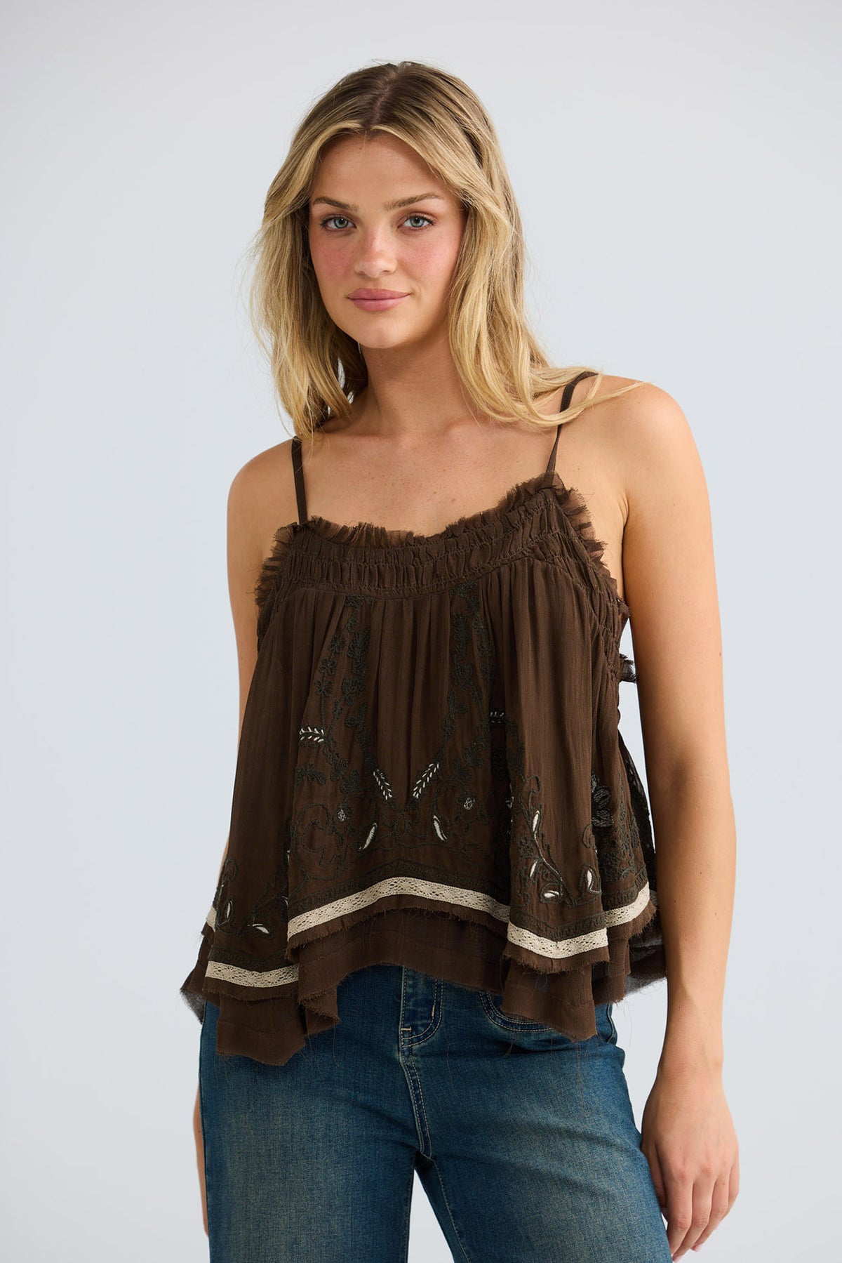 Ambrosia Top in cocoa embroidery, close front view showing the adjustable straps.