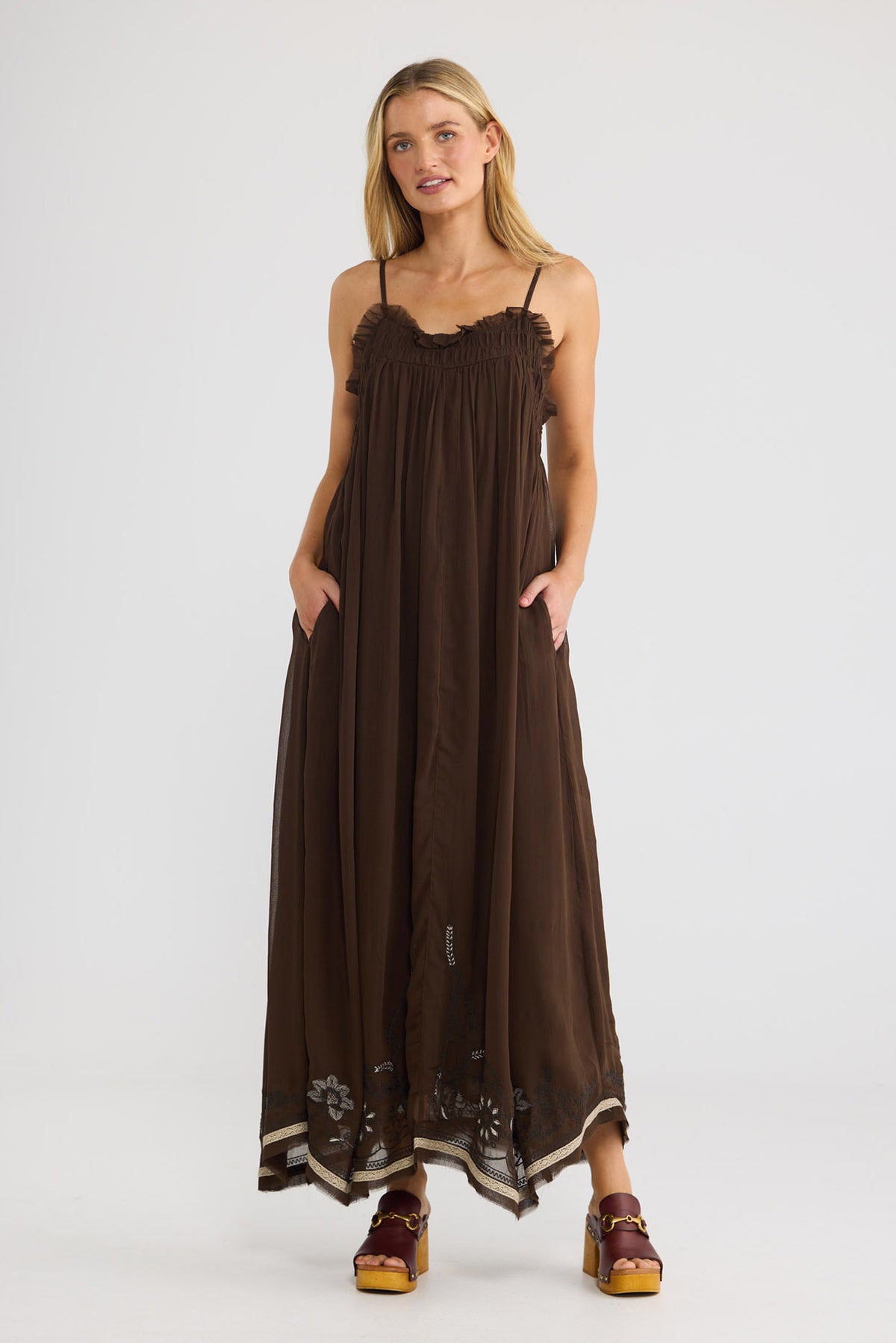 Ambrosia Maxi Dress in cocoa embroidery, front view showing the adjustable straps.