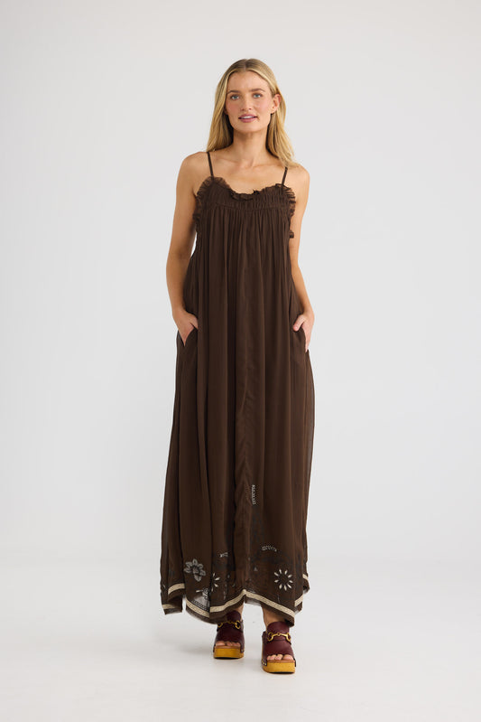 Ambrosia Maxi Dress in cocoa embroidery, full-length front view.
