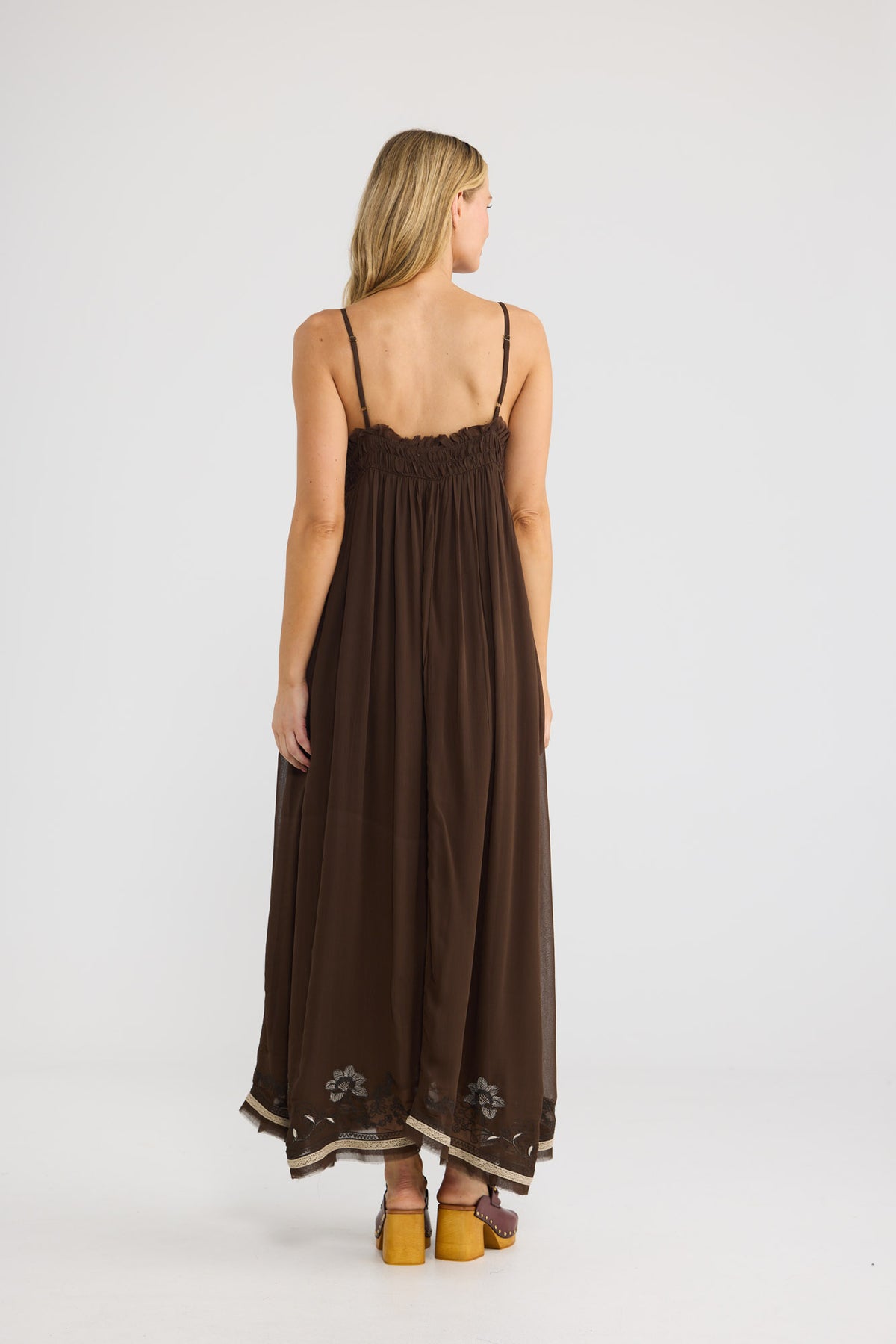 Ambrosia Maxi Dress in cocoa embroidery, back view.